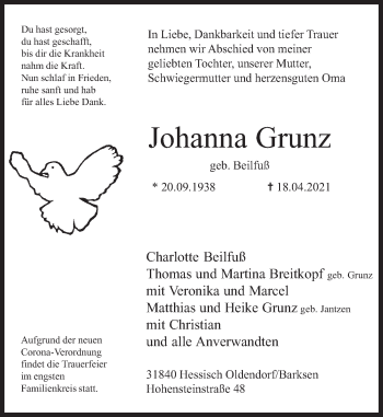Traueranzeige von Johanna Grunz von Deister- und Weserzeitung