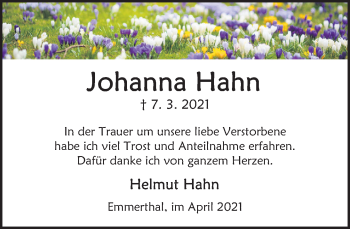 Traueranzeige von Johanna Hahn von Deister- und Weserzeitung