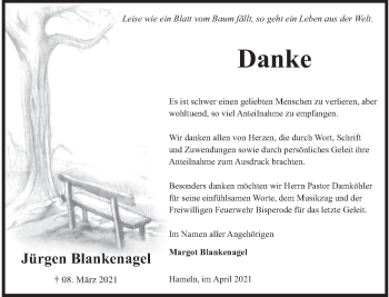 Traueranzeige von Jürgen Blankenagel von Deister- und Weserzeitung