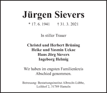 Traueranzeige von Jürgen Sievers von Deister- und Weserzeitung
