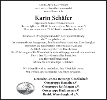 Traueranzeige von Karin Schäfer von Deister- und Weserzeitung