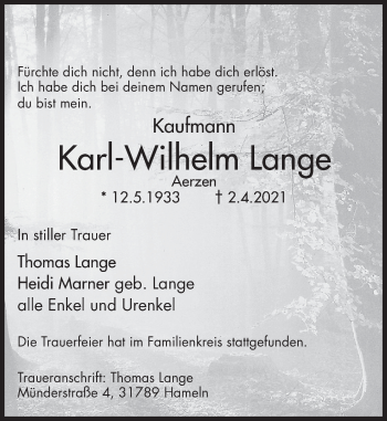 Traueranzeige von Karl-Wilhelm Lange von Deister- und Weserzeitung