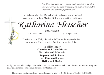 Traueranzeige von Katharina Fleischer von Neue Deister-Zeitung