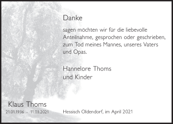 Traueranzeige von Klaus Thoms von Deister- und Weserzeitung