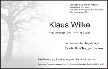 Traueranzeige von Klaus Wilke von Deister- und Weserzeitung