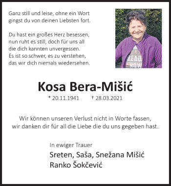 Traueranzeige von Kosa Bera-Mišic von Deister- und Weserzeitung