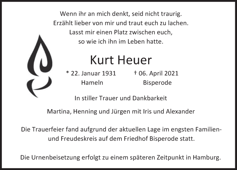  Traueranzeige für Kurt Heuer vom 24.04.2021 aus Deister- und Weserzeitung