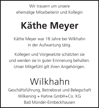 Traueranzeige von Käthe Meyer von Neue Deister-Zeitung