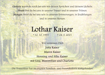 Traueranzeige von Lothar Kaiser von Deister- und Weserzeitung