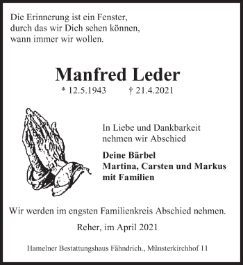 Traueranzeige von Manfred Leder von Deister- und Weserzeitung