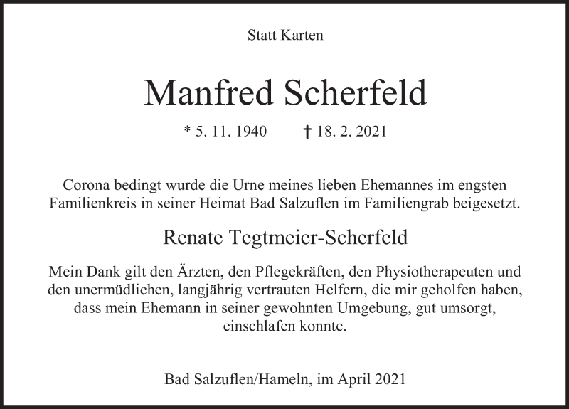  Traueranzeige für Manfred Scherfeld vom 17.04.2021 aus Deister- und Weserzeitung