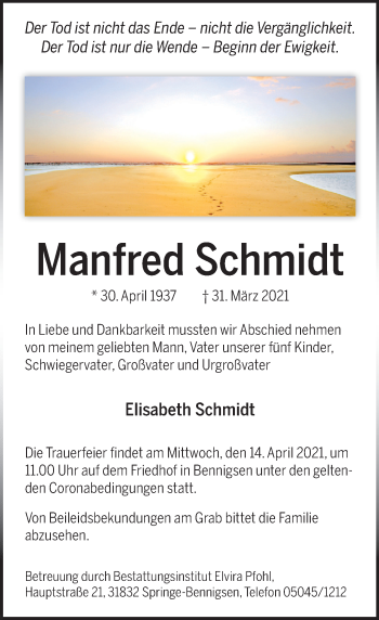 Traueranzeige von Manfred Schmidt von Neue Deister-Zeitung