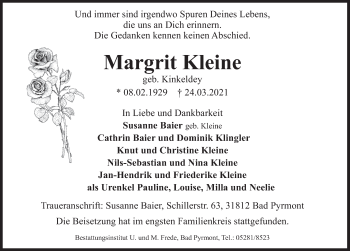 Traueranzeige von Margrit Kleine von Deister- und Weserzeitung