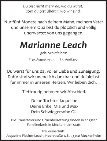 Traueranzeige von Marianne Leach von Deister- und Weserzeitung