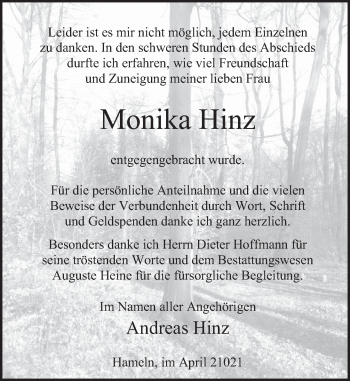Traueranzeige von Monika Hinz von Deister- und Weserzeitung