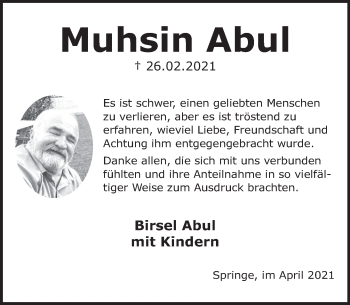 Traueranzeige von Muhsin Abul von Neue Deister-Zeitung