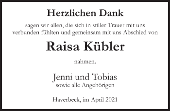 Traueranzeige von Raisa Kübler von Deister- und Weserzeitung