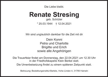 Traueranzeige von Renate Stresing von Deister- und Weserzeitung