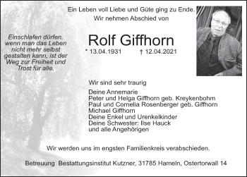 Traueranzeige von Rolf Giffhorn von Deister- und Weserzeitung