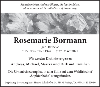 Traueranzeige von Rosemarie Bormann von Neue Deister-Zeitung