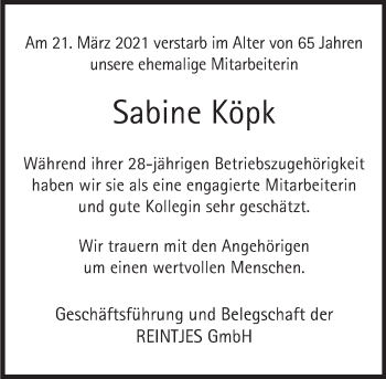 Traueranzeige von Sabine Köpk von Deister- und Weserzeitung