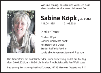 Traueranzeige von Sabine Köpk von Deister- und Weserzeitung