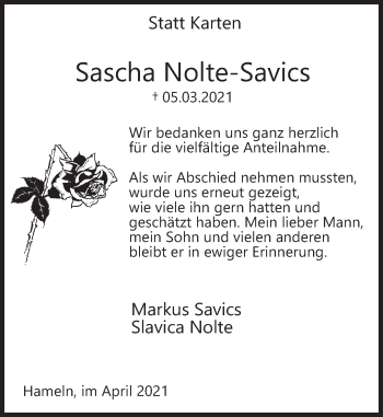 Traueranzeige von Sascha Nolte-Savics von Deister- und Weserzeitung