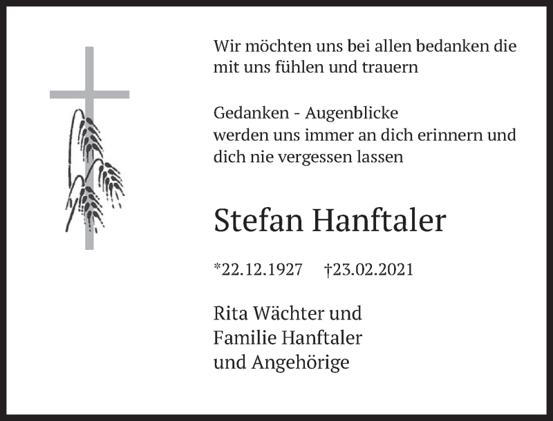  Traueranzeige für Stefan Hanftaler vom 10.04.2021 aus Deister- und Weserzeitung