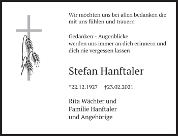 Traueranzeige von Stefan Hanftaler von Deister- und Weserzeitung