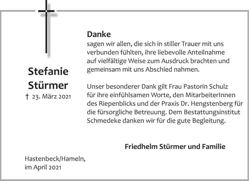  Traueranzeige für Stefanie Stürmer vom 17.04.2021 aus Deister- und Weserzeitung