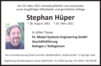 Traueranzeige von Stephan Hüper von Neue Deister-Zeitung