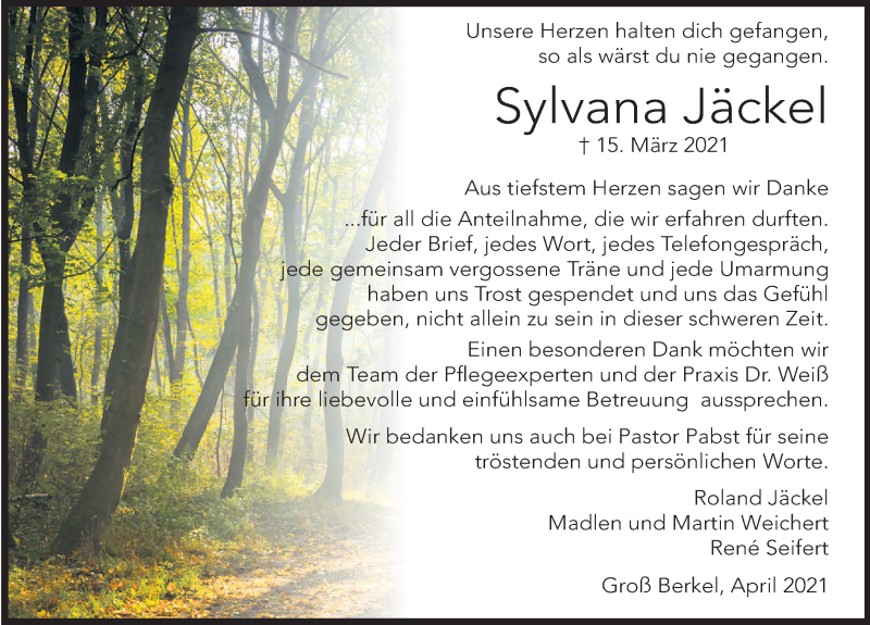  Traueranzeige für Sylvana Jäckel vom 10.04.2021 aus Deister- und Weserzeitung