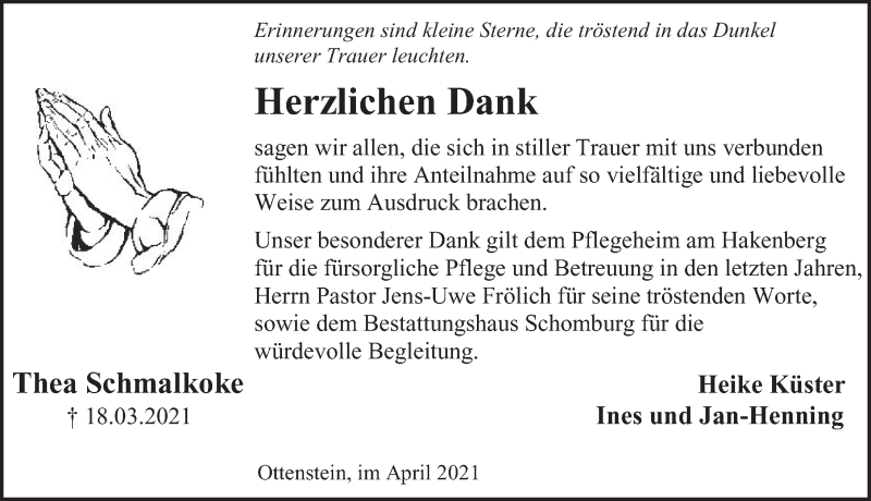  Traueranzeige für Thea Schmalkoke vom 17.04.2021 aus Deister- und Weserzeitung