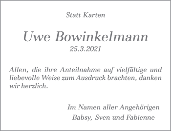 Traueranzeige von Uwe Bowinkelmann von Deister- und Weserzeitung