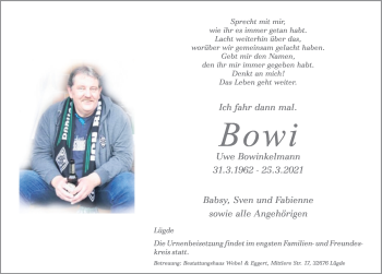 Traueranzeige von Uwe Bowinkelmann von Deister- und Weserzeitung