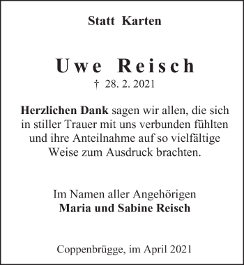 Traueranzeige von Uwe Reisch von Deister- und Weserzeitung