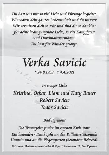 Traueranzeige von Verka Savicic von Deister- und Weserzeitung