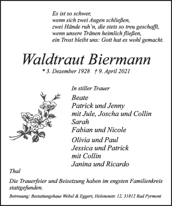 Traueranzeige von Waldtraut Biermann von Deister- und Weserzeitung