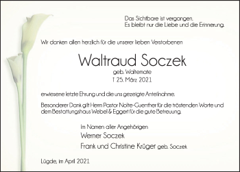 Traueranzeige von Waltraud Soczek von Deister- und Weserzeitung