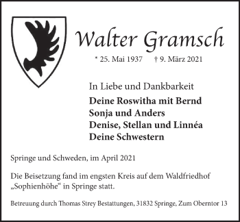 Traueranzeige von Walter Gramsch von Neue Deister-Zeitung