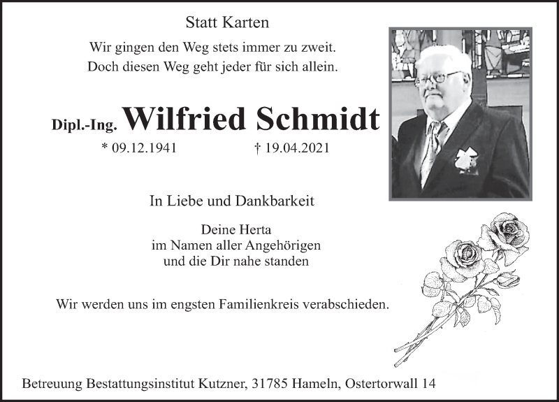  Traueranzeige für Wilfried Schmidt vom 24.04.2021 aus Deister- und Weserzeitung