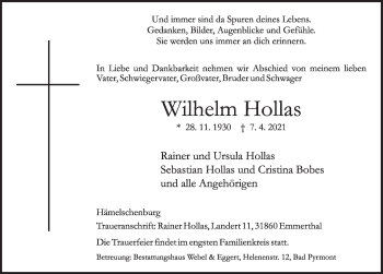 Traueranzeige von Wilhelm Hollas von Deister- und Weserzeitung