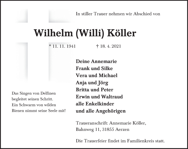  Traueranzeige für Wilhelm  Köller vom 21.04.2021 aus Deister- und Weserzeitung