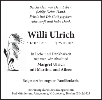 Traueranzeige von Willi Ulrich von Neue Deister-Zeitung