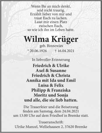 Traueranzeige von Wilma Krüger von Deister- und Weserzeitung