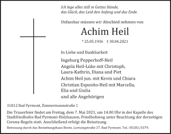 Traueranzeige von Achim Heil von Deister- und Weserzeitung