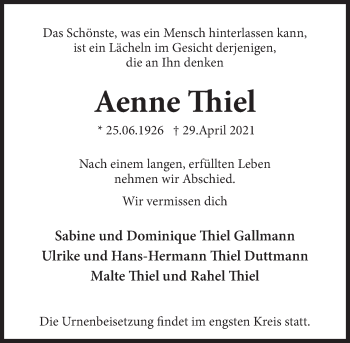 Traueranzeige von Aenne Thiel von Deister- und Weserzeitung