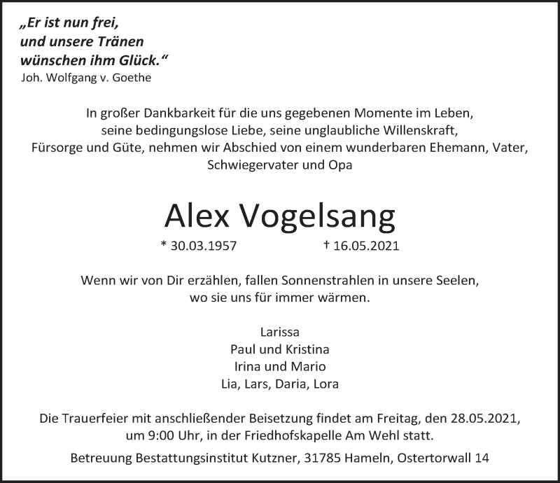  Traueranzeige für Alex Vogelsang vom 22.05.2021 aus Deister- und Weserzeitung