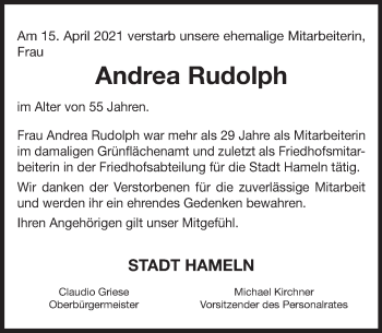 Traueranzeige von Andrea Rudolph von Deister- und Weserzeitung