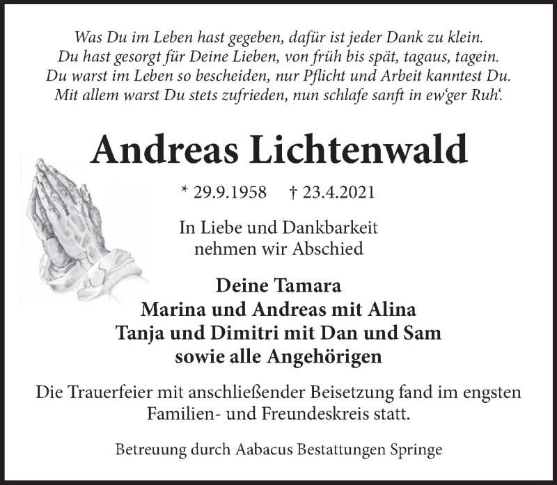  Traueranzeige für Andreas Lichtenwald vom 30.04.2021 aus Neue Deister-Zeitung